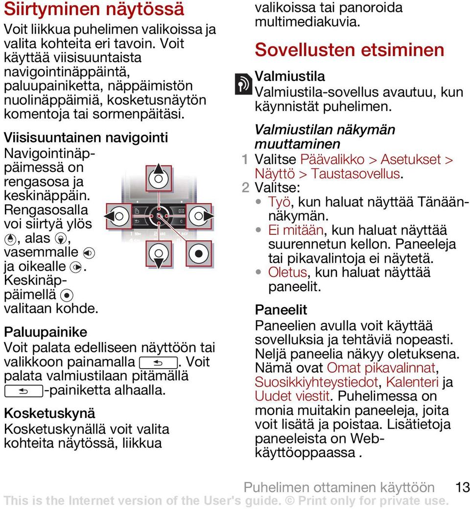 Viisisuuntainen navigointi Navigointinäppäimessä on rengasosa ja keskinäppäin. Rengasosalla voi siirtyä ylös, alas, vasemmalle ja oikealle. Keskinäppäimellä valitaan kohde.