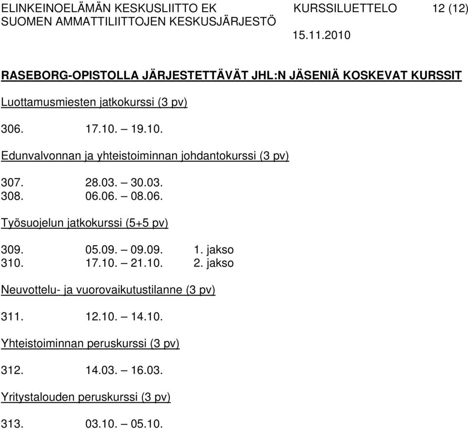 06.06. 08.06. Työsuojelun jatkokurssi (5+5 pv) 309. 05.09. 09.09. 1. jakso 310. 17.10. 21