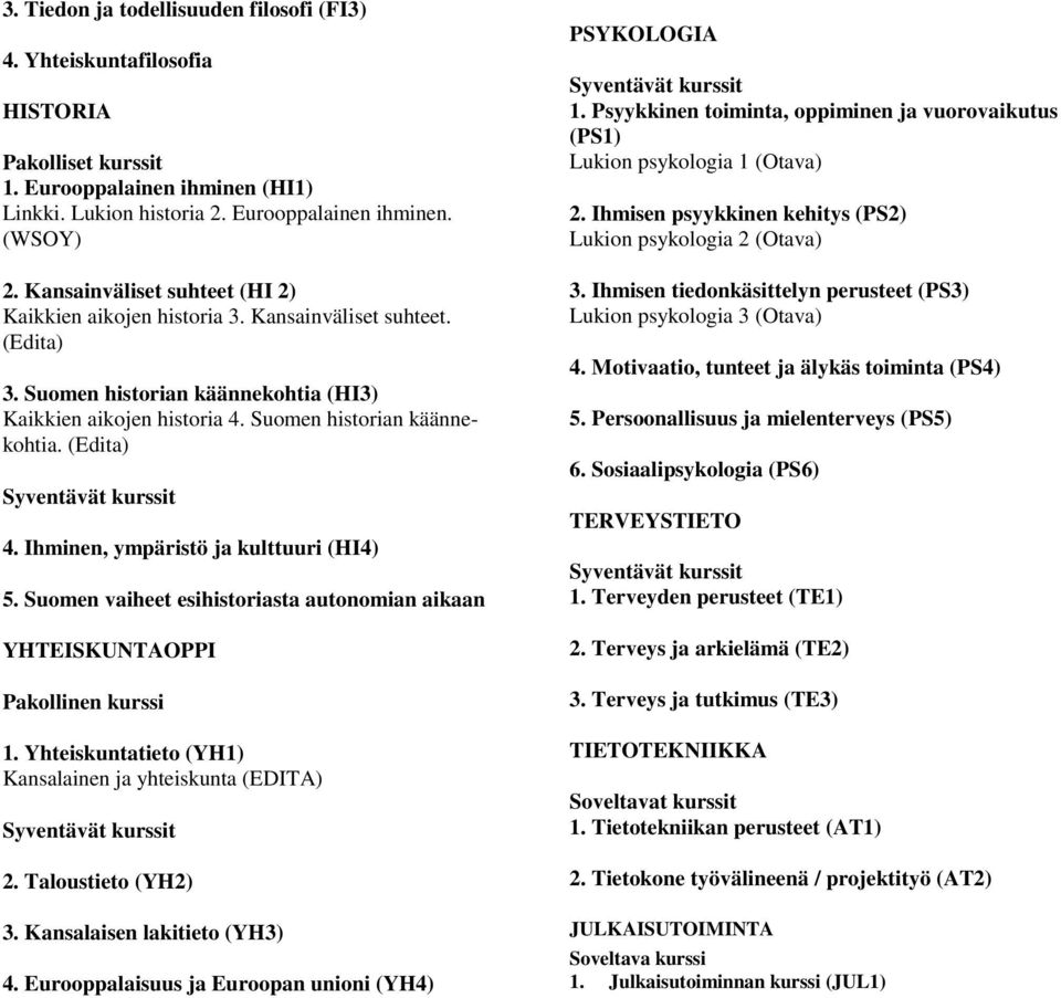 Ihminen, ympäristö ja kulttuuri (HI4) 5. Suomen vaiheet esihistoriasta autonomian aikaan YHTEISKUNTAOPPI Pakollinen kurssi 1. Yhteiskuntatieto (YH1) Kansalainen ja yhteiskunta (EDITA) 2.