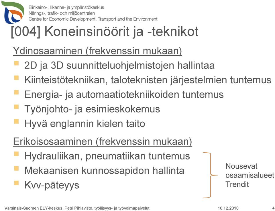 esimieskokemus Hyvä englannin kielen taito Erikoisosaaminen (frekvenssin mukaan) Hydrauliikan, pneumatiikan tuntemus