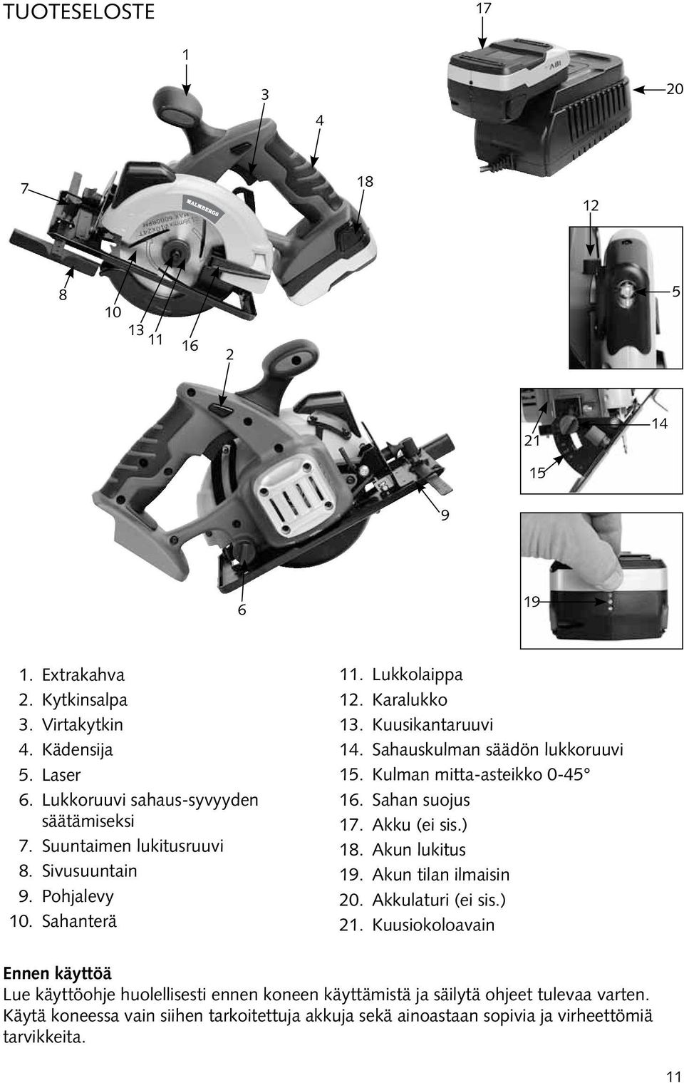 Sahauskulman säädön lukkoruuvi 15. Kulman mitta-asteikko 0-45 16. Sahan suojus 17. Akku (ei sis.) 18. Akun lukitus 19. Akun tilan ilmaisin 20. Akkulaturi (ei sis.) 21.