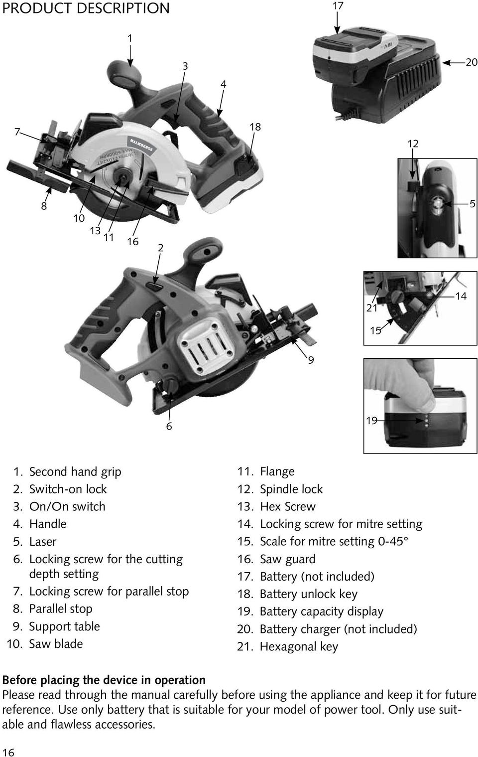 Saw guard 17. Battery (not included) 18. Battery unlock key 19. Battery capacity display 20. Battery charger (not included) 21.