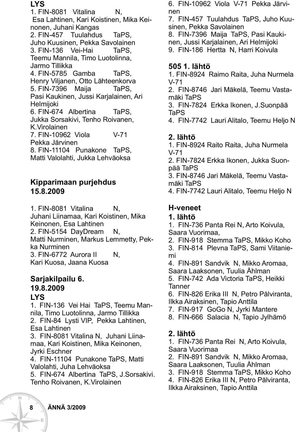 FIN-7396 Maija TaPS, Pasi Kaukinen, Jussi Karjalainen, Ari Helmijoki 6. FIN-674 Albertina TaPS, Jukka Sorsakivi, Tenho Roivanen, K.Virolainen 7. FIN-10962 Viola V-71 Pekka Järvinen 8.