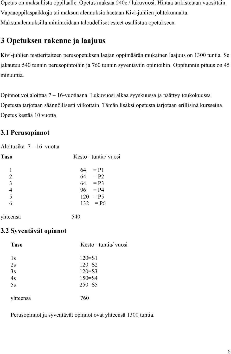 Se jakautuu 540 tunnin perusopintoihin ja 760 tunnin syventäviin opintoihin. Oppitunnin pituus on 45 minuuttia. Opinnot voi aloittaa 7 16-vuotiaana. Lukuvuosi alkaa syyskuussa ja päättyy toukokuussa.