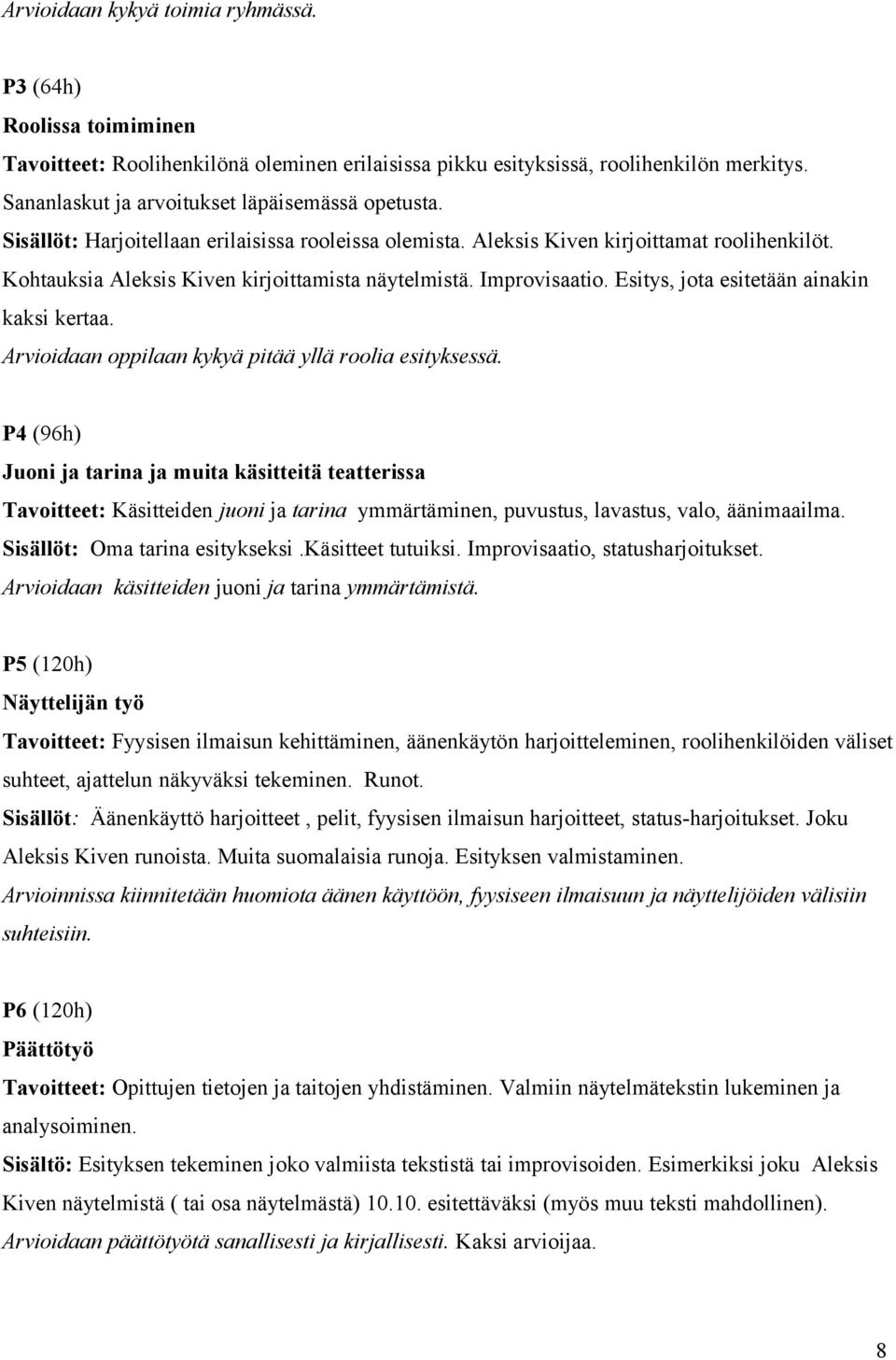 Improvisaatio. Esitys, jota esitetään ainakin kaksi kertaa. Arvioidaan oppilaan kykyä pitää yllä roolia esityksessä.