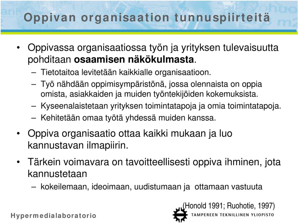 Työ nähdään oppimisympäristönä, jossa olennaista on oppia omista, asiakkaiden ja muiden työntekijöiden kokemuksista.