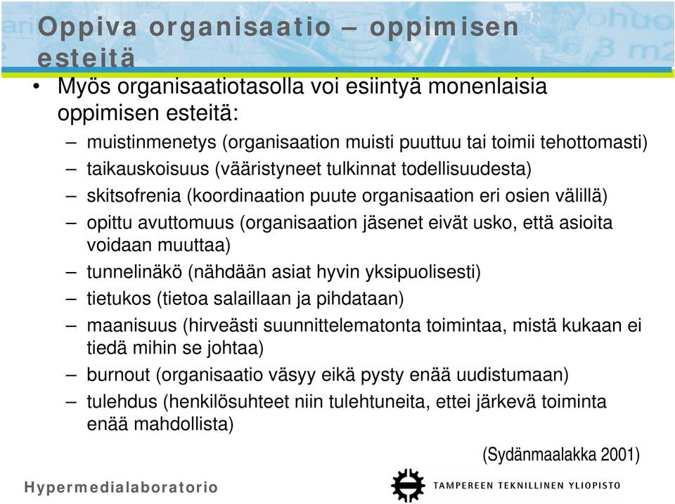 asioita voidaan muuttaa) tunnelinäkö (nähdään asiat hyvin yksipuolisesti) tietukos (tietoa salaillaan ja pihdataan) maanisuus (hirveästi suunnittelematonta toimintaa, mistä kukaan