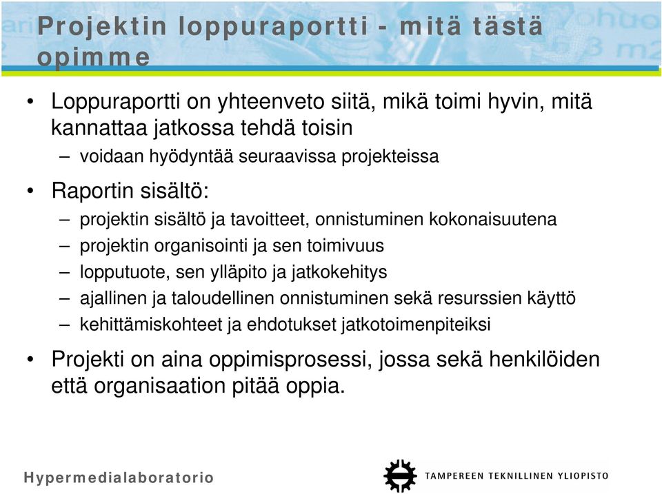 organisointi ja sen toimivuus lopputuote, sen ylläpito ja jatkokehitys ajallinen ja taloudellinen onnistuminen sekä resurssien käyttö