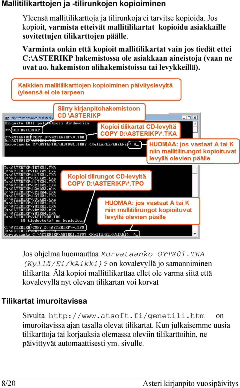 Varminta onkin että kopioit mallitilikartat vain jos tiedät ettei C:\ASTERIKP hakemistossa ole asiakkaan aineistoja (vaan ne ovat ao. hakemiston alihakemistoissa tai levykkeillä).