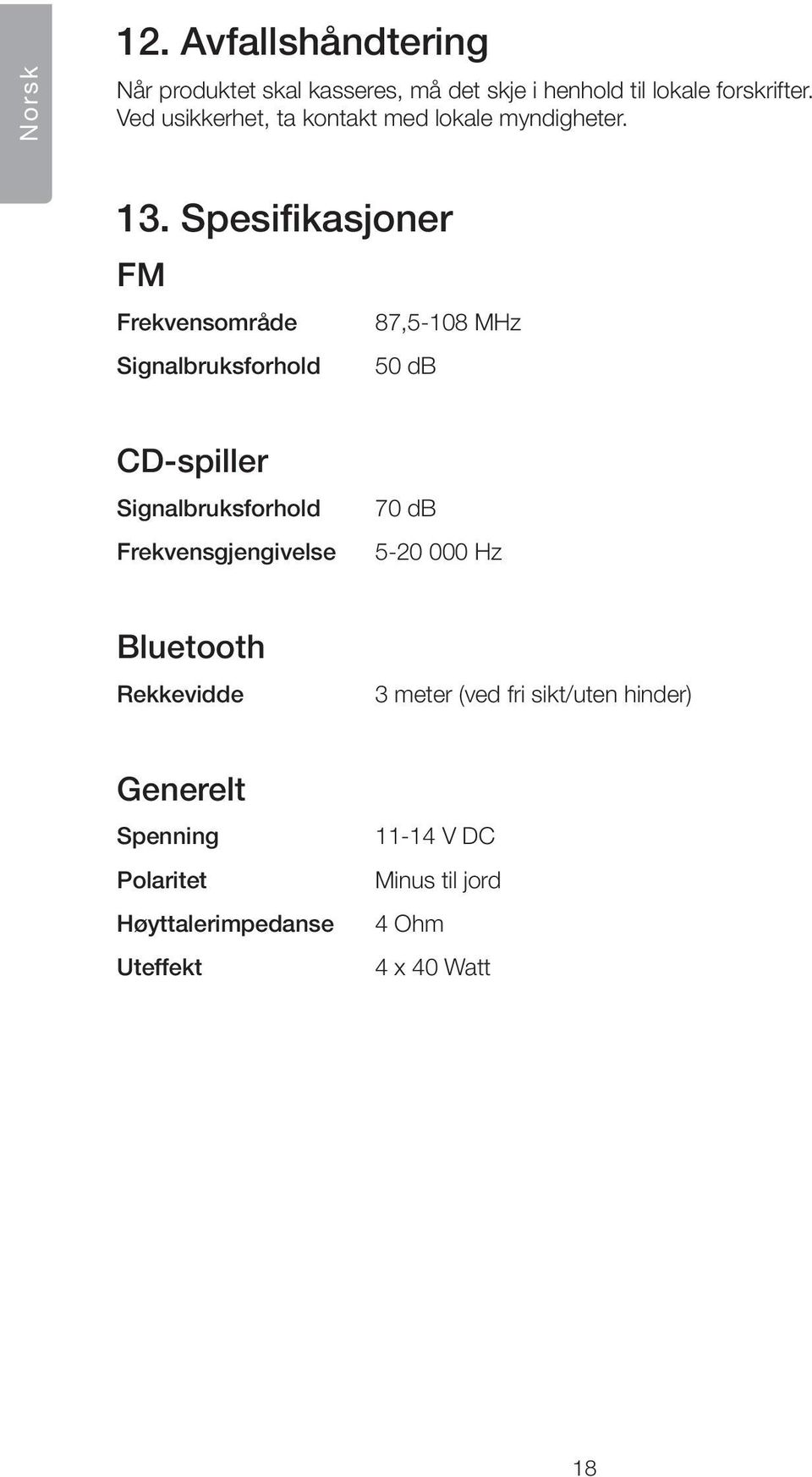 Spesifikasjoner FM Frekvensområde 87,5-108 MHz Signalbruksforhold 50 db CD-spiller Signalbruksforhold