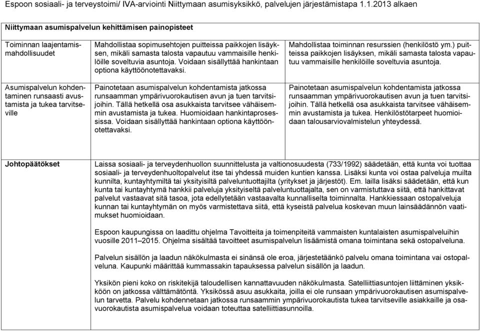 Painotetaan asumispalvelun kohdentamista jatkossa runsaamman ympärivuorokautisen avun ja tuen tarvitsijoihin. Tällä hetkellä osa asukkaista tarvitsee vähäisemmin avustamista ja tukea.