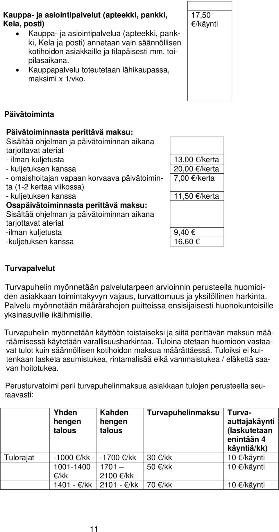 17,50 /käynti Päivätoiminta Päivätoiminnasta perittävä maksu: Sisältää ohjelman ja päivätoiminnan aikana tarjottavat ateriat - ilman kuljetusta 13,00 /kerta - kuljetuksen kanssa 20,00 /kerta -