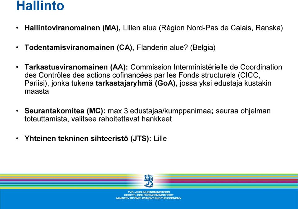 Fonds structurels (CICC, Pariisi), jonka tukena tarkastajaryhmä (GoA), jossa yksi edustaja kustakin maasta Seurantakomitea (MC):