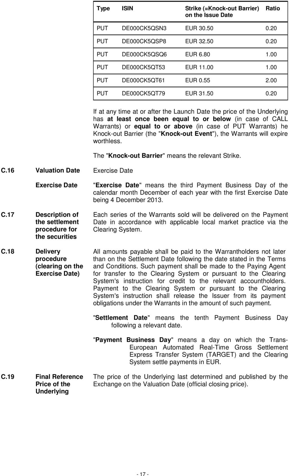 20 If at any time at or after the Launch Date the price of the Underlying has at least once been equal to or below (in case of CALL Warrants) or equal to or above (in case of PUT Warrants) he