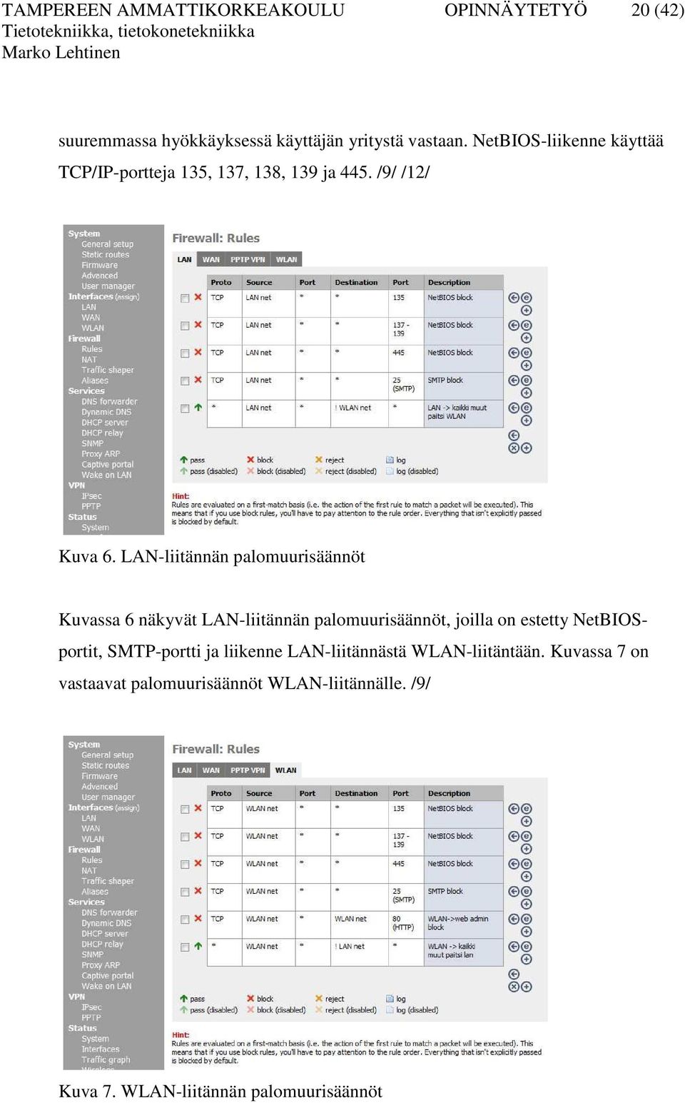LAN-liitännän palomuurisäännöt Kuvassa 6 näkyvät LAN-liitännän palomuurisäännöt, joilla on estetty NetBIOSportit,