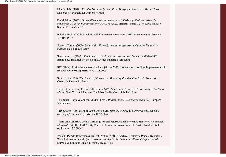 Toimituksia 774 Pekkilä, Erkki (2005), Musiikki Aki Kaurismäen elokuvassa Tulitikkutehtaan tyttö Musiikki 3/2005, 45 65 Saarela, Tommi (2000), Selluloidi soikoon!