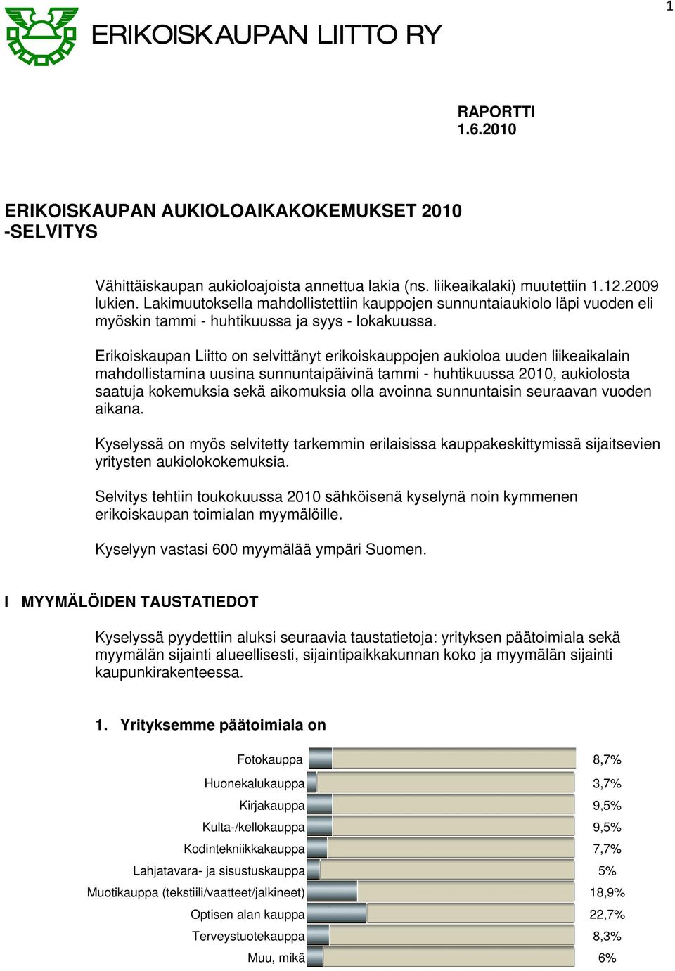 Erikoiskaupan Liitto on selvittänyt erikoiskauppojen aukioloa uuden liikeaikalain mahdollistamina uusina sunnuntaipäivinä tammi - huhtikuussa 2010, aukiolosta saatuja kokemuksia sekä aikomuksia olla