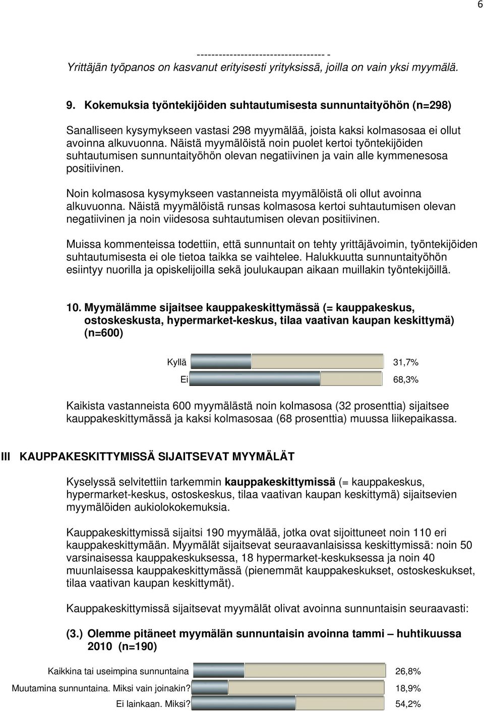 Näistä myymälöistä noin puolet kertoi työntekijöiden suhtautumisen sunnuntaityöhön olevan negatiivinen ja vain alle kymmenesosa positiivinen.