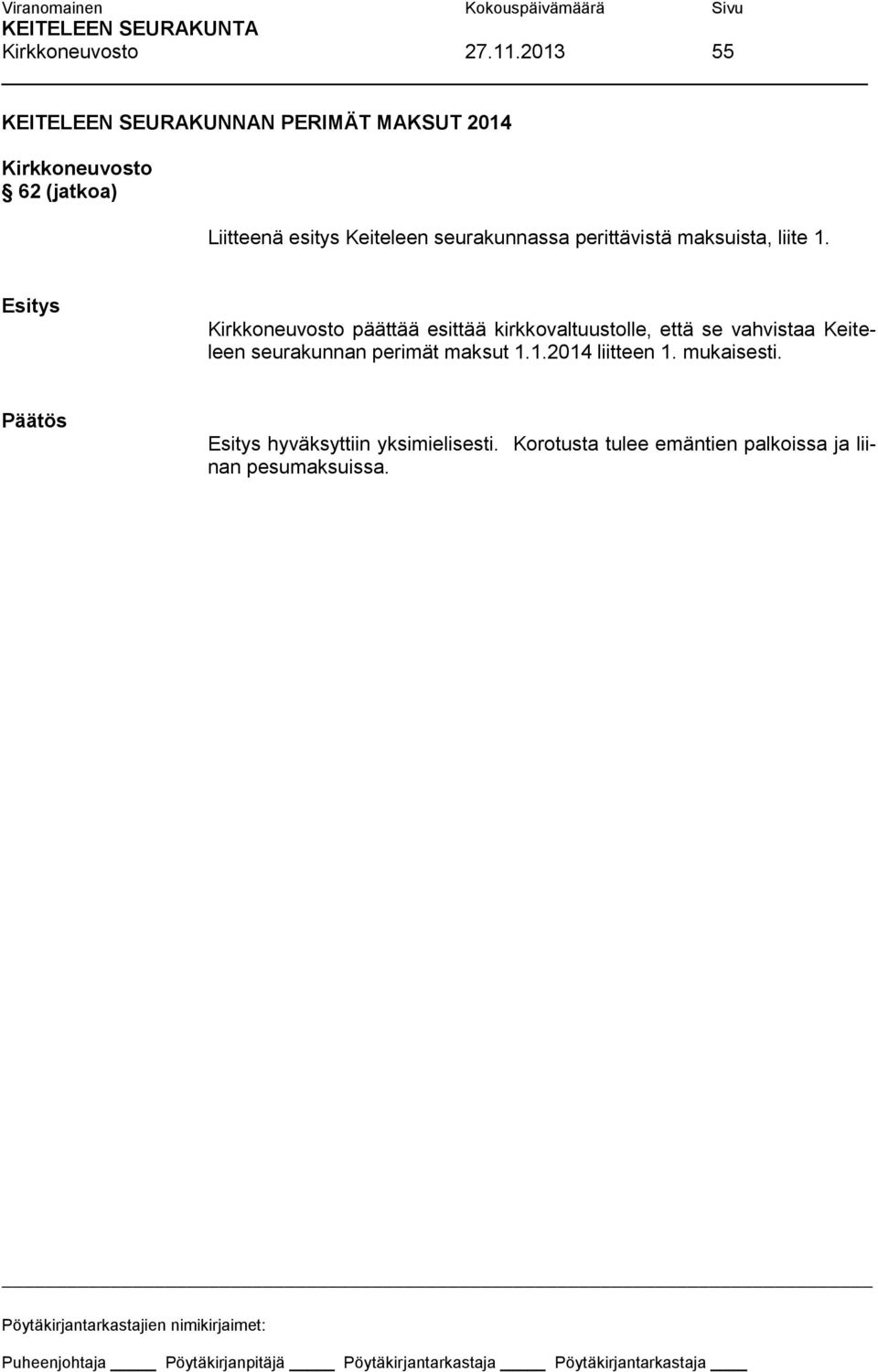 seurakunnassa perittävistä maksuista, liite 1.