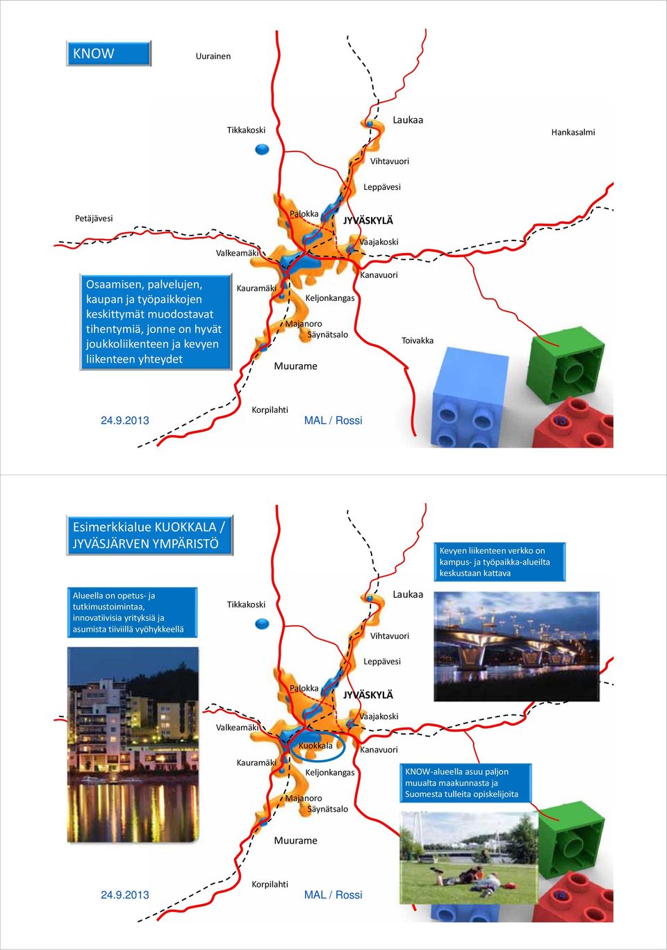 2013 MAL / Rossi 13 Esimerkkialue KUOKKALA / JYVÄSJÄRVEN YMPÄRISTÖ Uurainen Kevyen liikenteen verkko on kampus ja työpaikka alueilta keskustaan kattava Alueella on opetus ja tutkimustoimintaa,