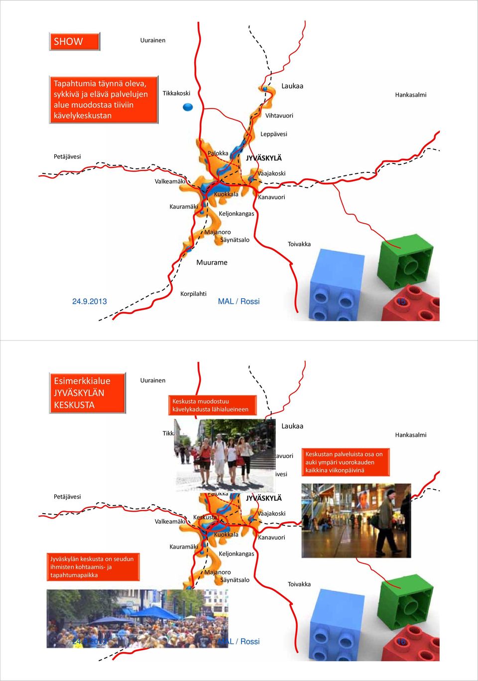 2013 MAL / Rossi 15 Esimerkkialue JYVÄSKYLÄN KESKUSTA Uurainen Keskusta muodostuu kävelykadusta lähialueineen Tikkakoski Laukaa Hankasalmi Vihtavuori Leppävesi Keskustan palveluista osa on auki