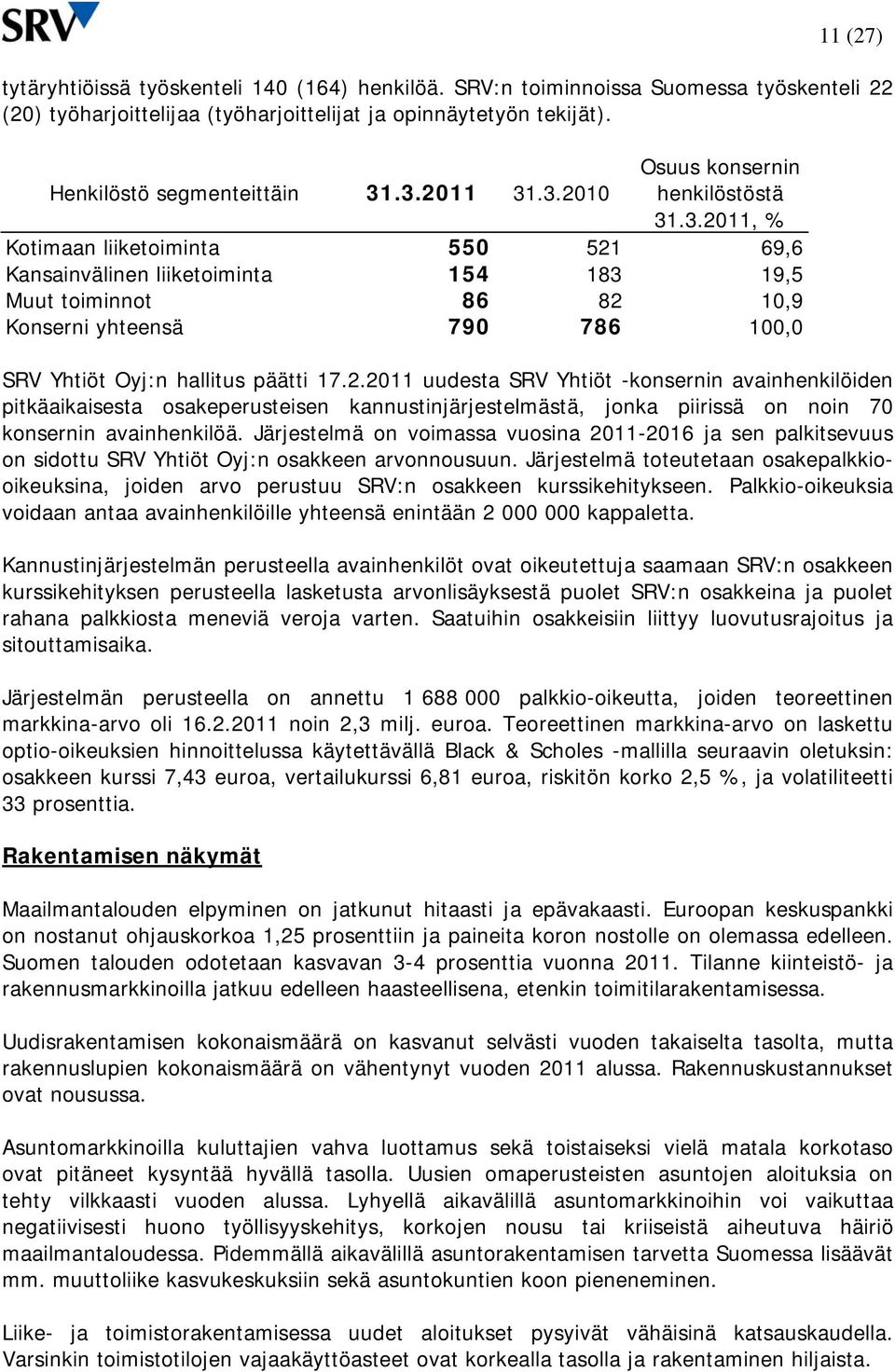 2.2011 uudesta SRV Yhtiöt -konsernin avainhenkilöiden pitkäaikaisesta osakeperusteisen kannustinjärjestelmästä, jonka piirissä on noin 70 konsernin avainhenkilöä.