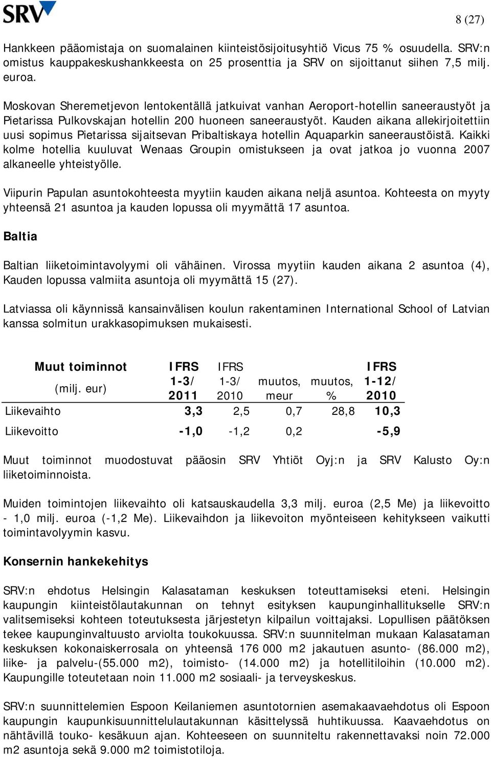 Kauden aikana allekirjoitettiin uusi sopimus Pietarissa sijaitsevan Pribaltiskaya hotellin Aquaparkin saneeraustöistä.