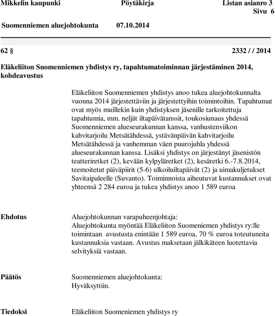 neljät iltapäivätanssit, toukosiunaus yhdessä Suomenniemen alueseurakunnan kanssa, vanhustenviikon kahvitarjoilu Metsätähdessä, ystävänpäivän kahvitarjoilu Metsätähdessä ja vanhemman väen puurojuhla