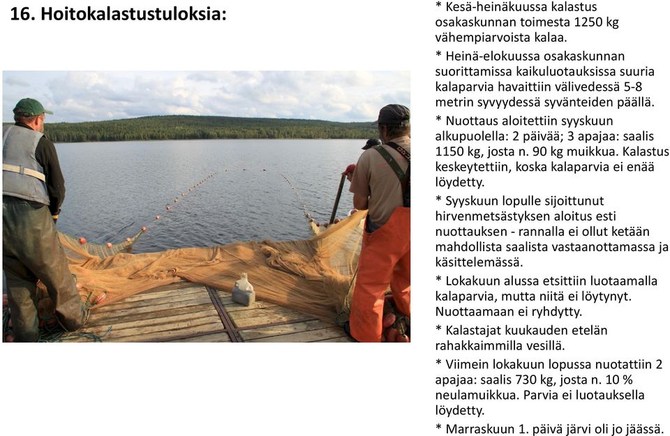 * Nuottaus aloitettiin syyskuun alkupuolella: 2 päivää; 3 apajaa: saalis 1150 kg, josta n. 90 kg muikkua. Kalastus keskeytettiin, koska kalaparvia ei enää löydetty.