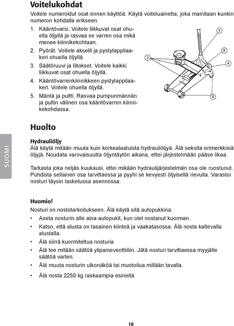 Voitele kaikki liikkuvat osat ohuella öljyllä. 4. Kääntövarrenkiinnikkeen pystytappilaakeri. Voitele ohuella öljyllä. 5. Mäntä ja pultti.