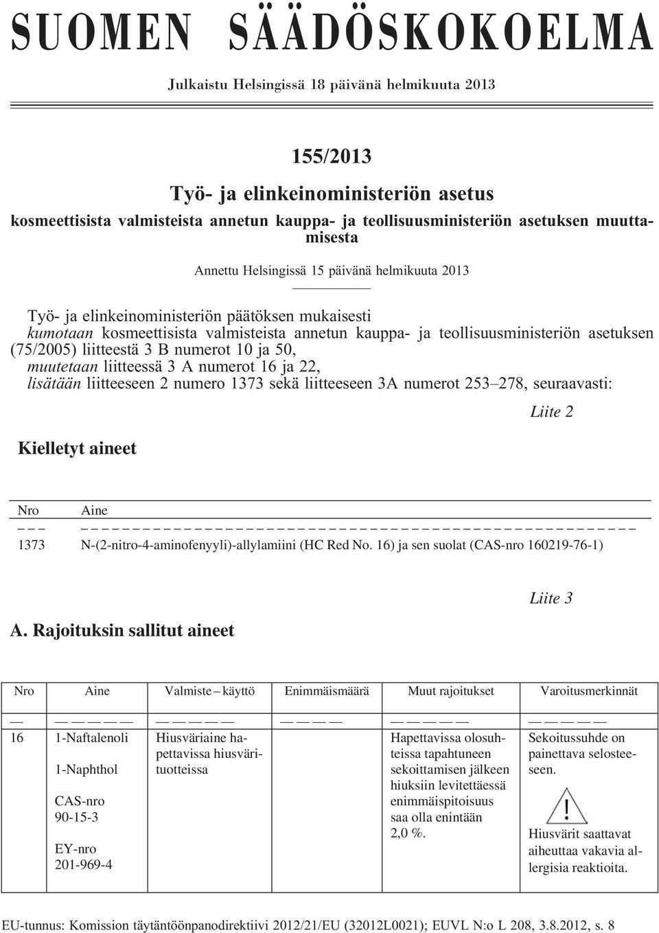 (75/2005)liitteestä3Bnumerot10ja50, muutetaanliitteessä3anumerot16ja22, lisätään liitteeseen 2 numero 1373 sekä liitteeseen 3A numerot 253 278, seuraavasti: Kielletyt aineet Liite 2 Nro Aine 1373