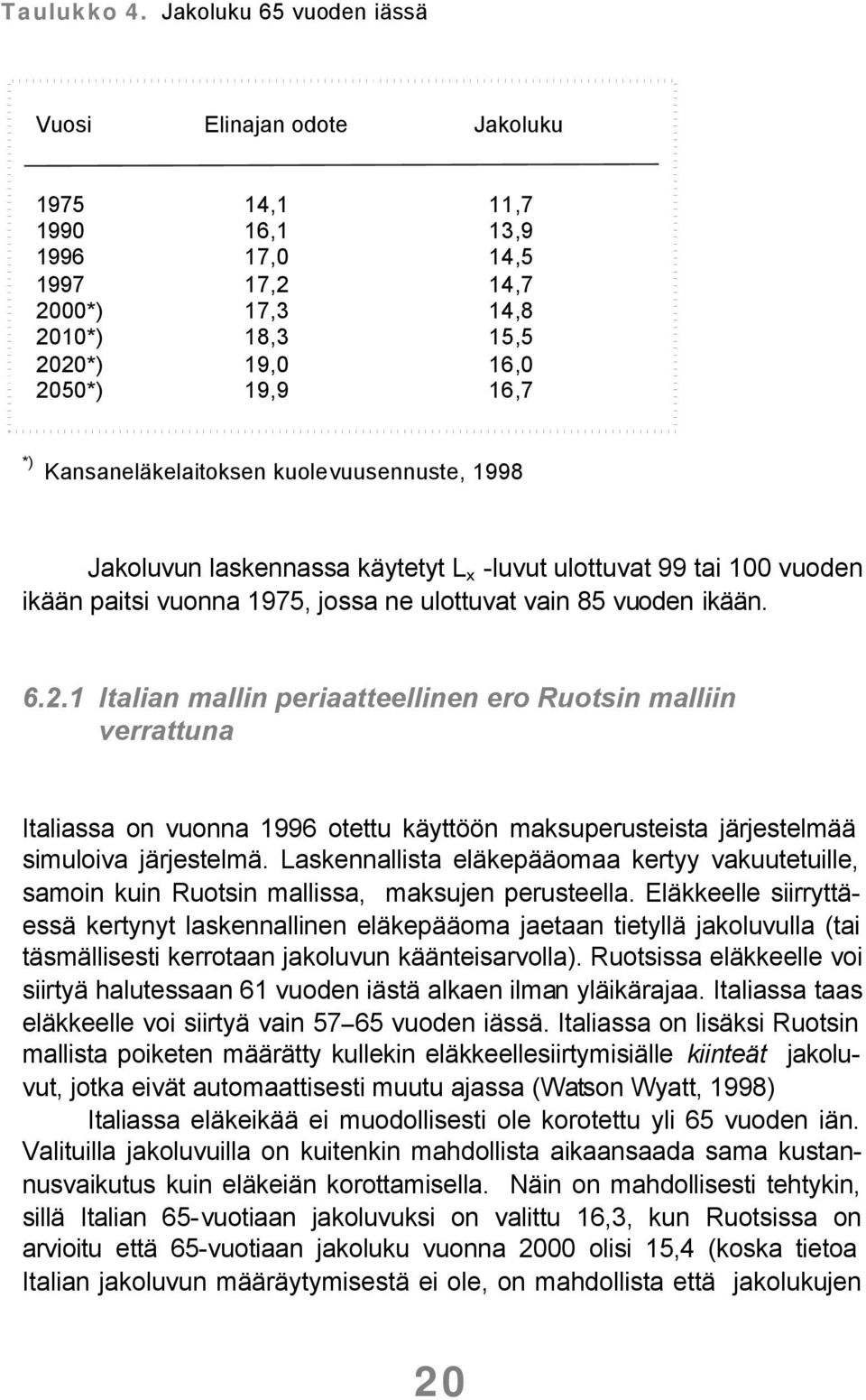 Kansaneläkelaitoksen kuolevuusennuste, 1998 Jakoluvun laskennassa käytetyt L x -luvut ulottuvat 99 tai 100 vuoden ikään paitsi vuonna 1975, jossa ne ulottuvat vain 85 vuoden ikään. 6.2.