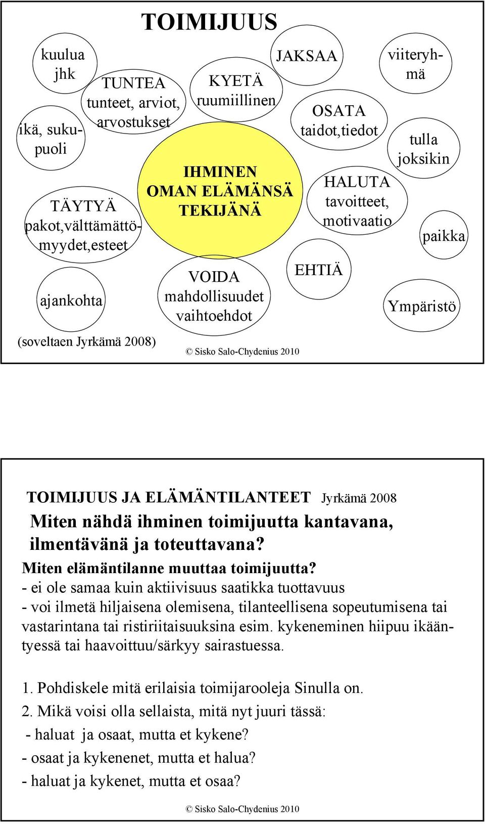 nähdä ihminen toimijuutta kantavana, ilmentävänä ja toteuttavana? Miten elämäntilanne muuttaa toimijuutta?