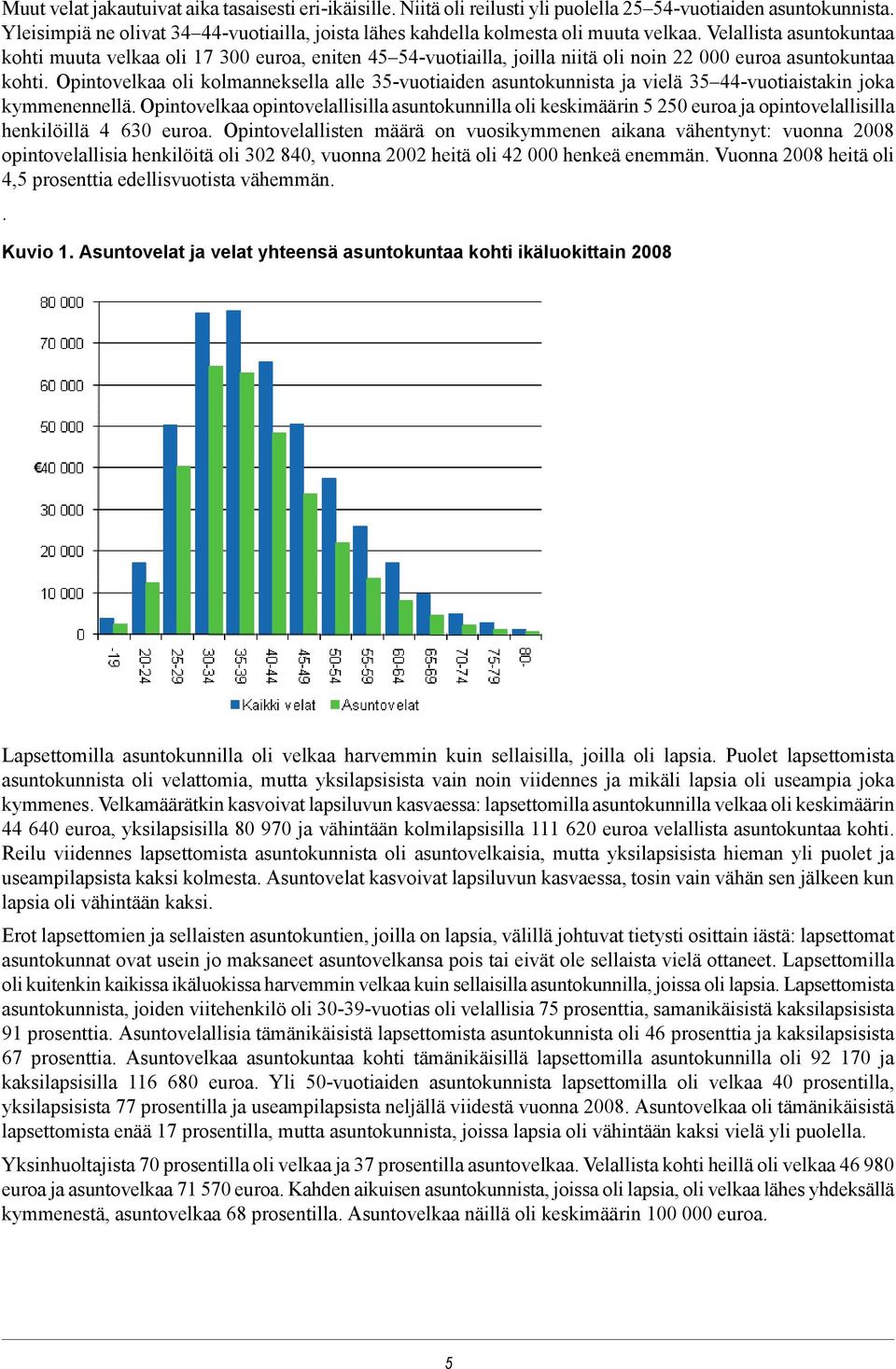 Velallista asuntokuntaa kohti muuta velkaa oli 17 300 euroa, eniten 45 54-vuotiailla, joilla niitä oli noin 22 000 euroa asuntokuntaa kohti.