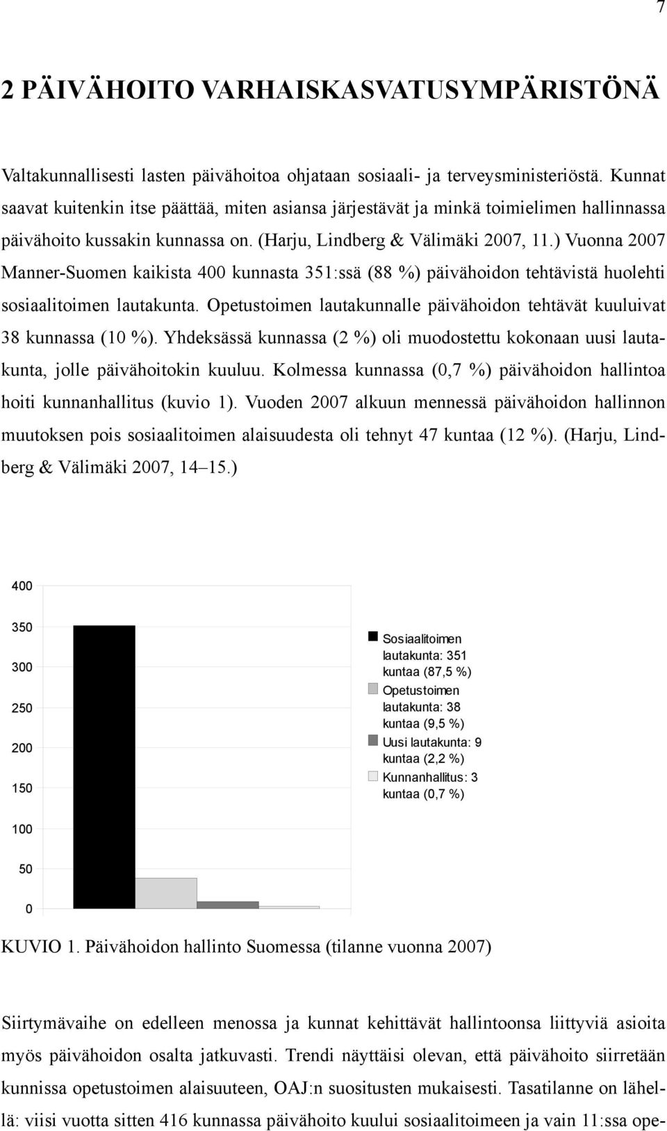 ) Vuonna 2007 Manner-Suomen kaikista 400 kunnasta 351:ssä (88 %) päivähoidon tehtävistä huolehti sosiaalitoimen lautakunta.