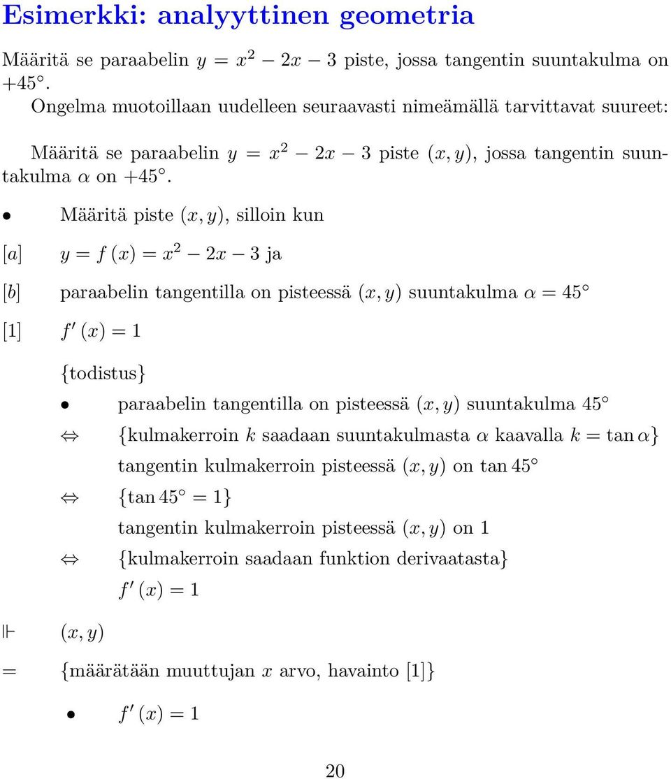 Määritä piste (x, y), silloin kun [a] [b] y = f (x) = x 2 2x 3 ja paraabelin tangentilla on pisteessä (x, y) suuntakulma α = 45 [1] f (x) = 1 {todistus} paraabelin tangentilla on pisteessä (x,