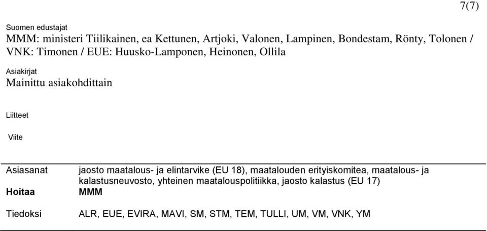 Asiasanat Hoitaa Tiedoksi jaosto maatalous- ja elintarvike (EU 18), maatalouden erityiskomitea, maatalous- ja