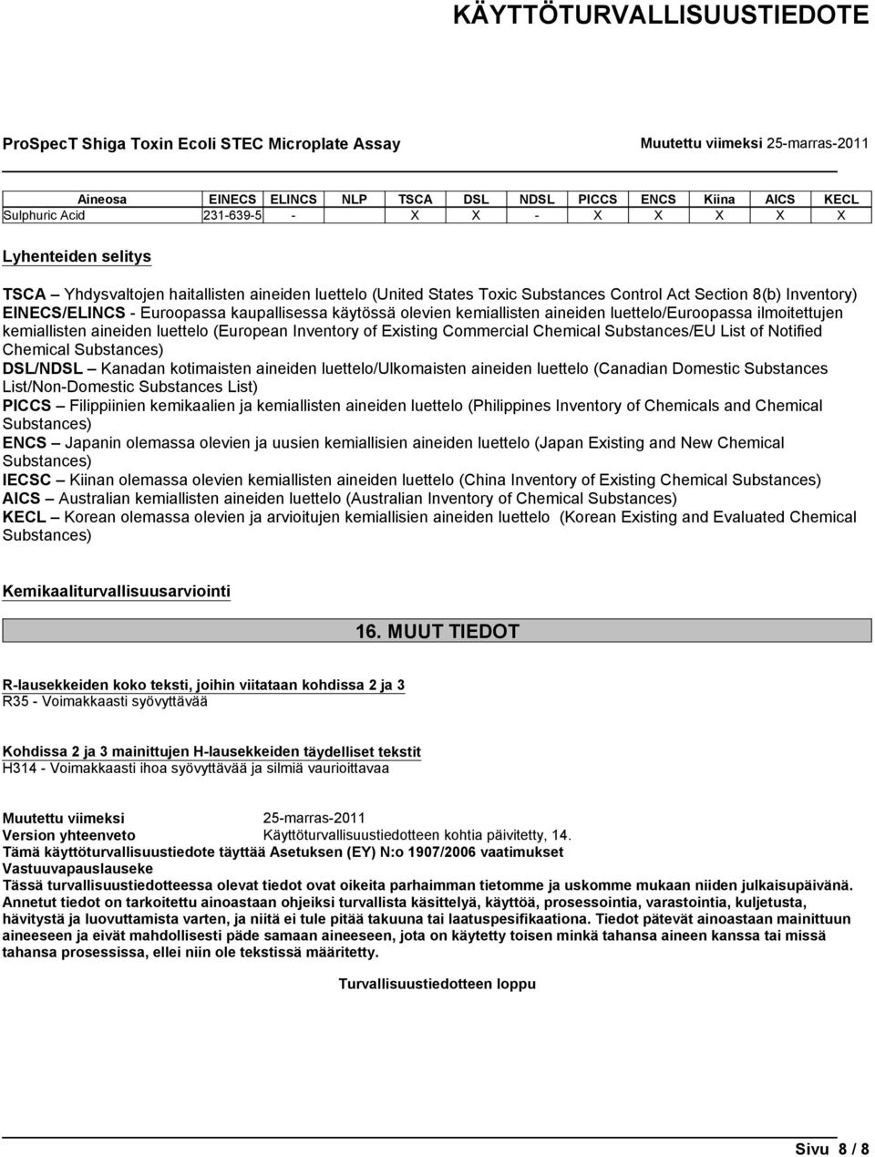 (European Inventory of Existing Commercial Chemical Substances/EU List of Notified Chemical Substances) DSL/NDSL Kanadan kotimaisten aineiden luettelo/ulkomaisten aineiden luettelo (Canadian Domestic