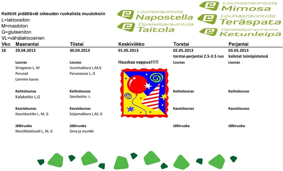 !!!! Lounas Lounas Stroganov L, M Uunimakkara L,M,G Perunat Perunasose L, G Lämmin kasvis Keittolounas Keittolounas Keittolounas Keittolounas Kalakeitto L,G