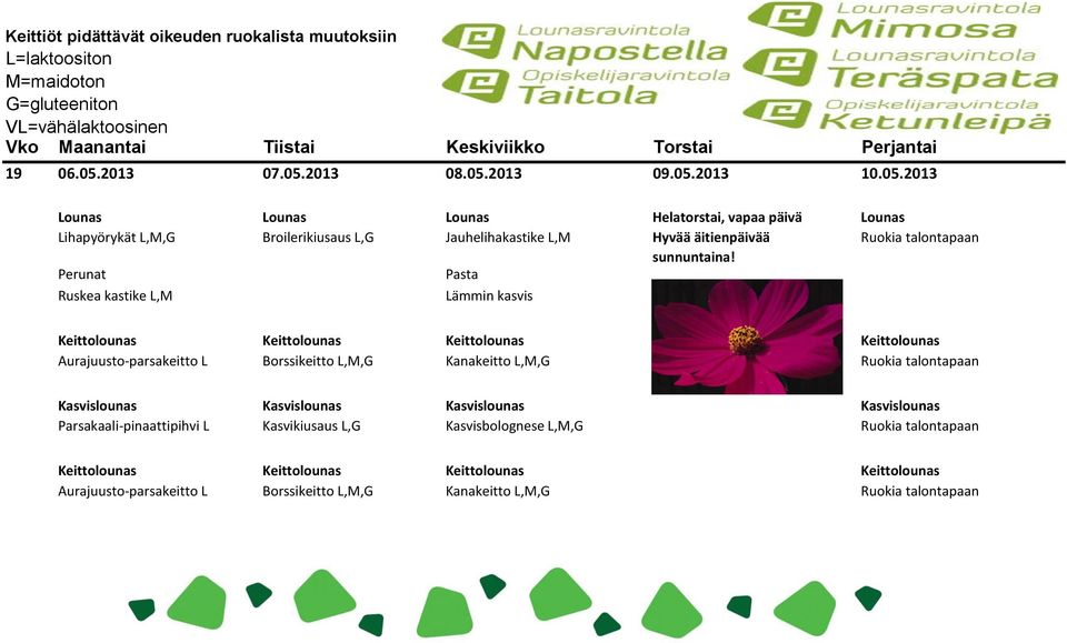 Perunat Pasta Ruskea kastike L,M Lämmin kasvis Keittolounas Keittolounas Keittolounas Keittolounas Aurajuusto-parsakeitto L Borssikeitto L,M,G Kanakeitto L,M,G Ruokia talontapaan Kasvislounas