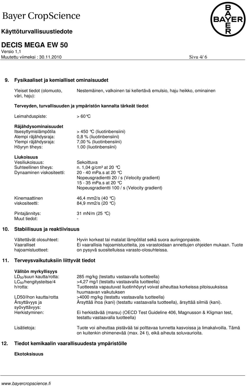 tärkeät tiedot Leimahduspiste: > 60 C Räjähdysominaisuudet Itsesyttymislämpötila Alempi räjähdysraja: Ylempi räjähdysraja: Höyryn tiheys: > 450 C (liuotinbensiini) 0,8 % (liuotinbensiini) 7,00 %