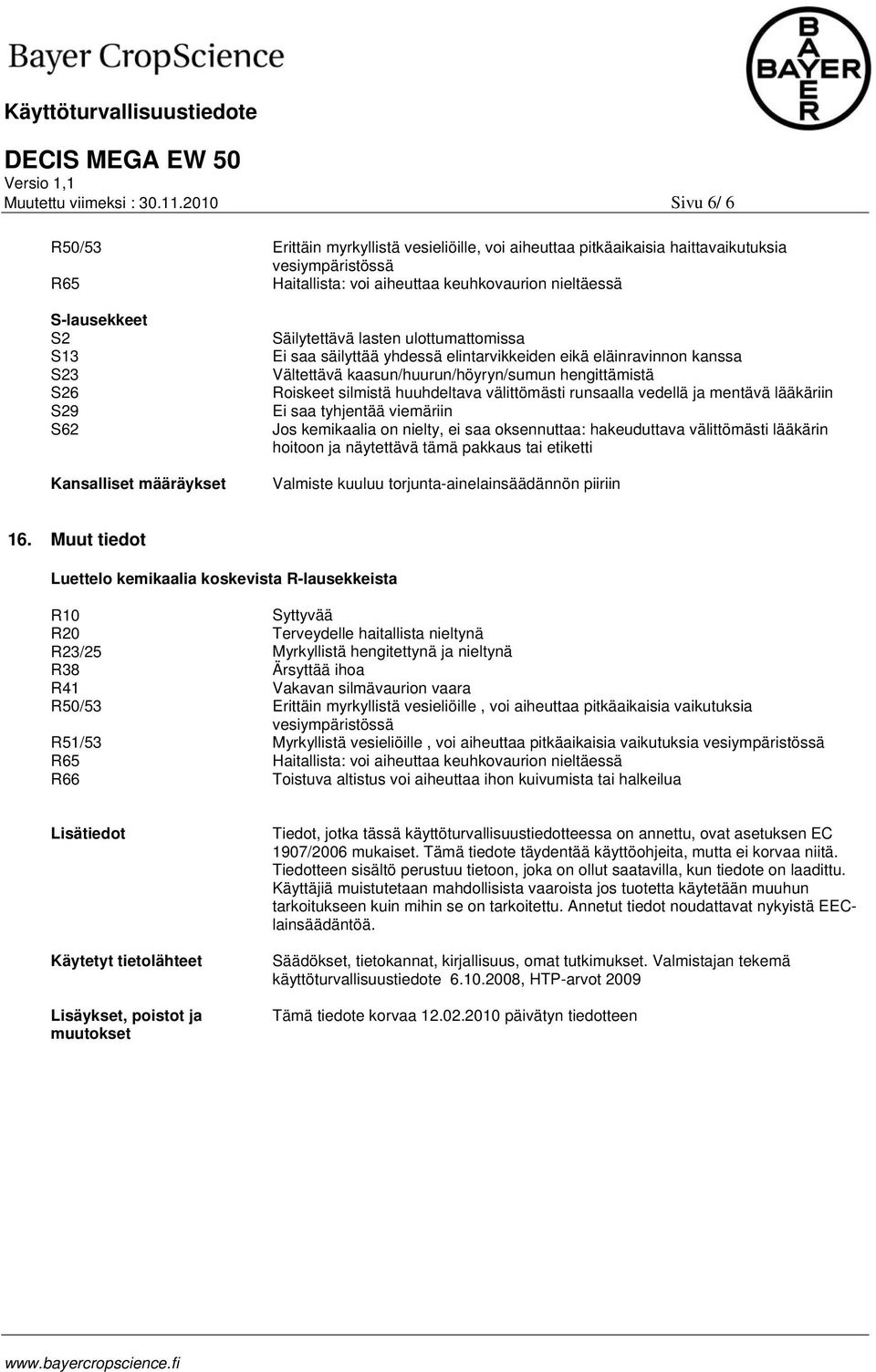 aiheuttaa keuhkovaurion nieltäessä Säilytettävä lasten ulottumattomissa Ei saa säilyttää yhdessä elintarvikkeiden eikä eläinravinnon kanssa Vältettävä kaasun/huurun/höyryn/sumun hengittämistä
