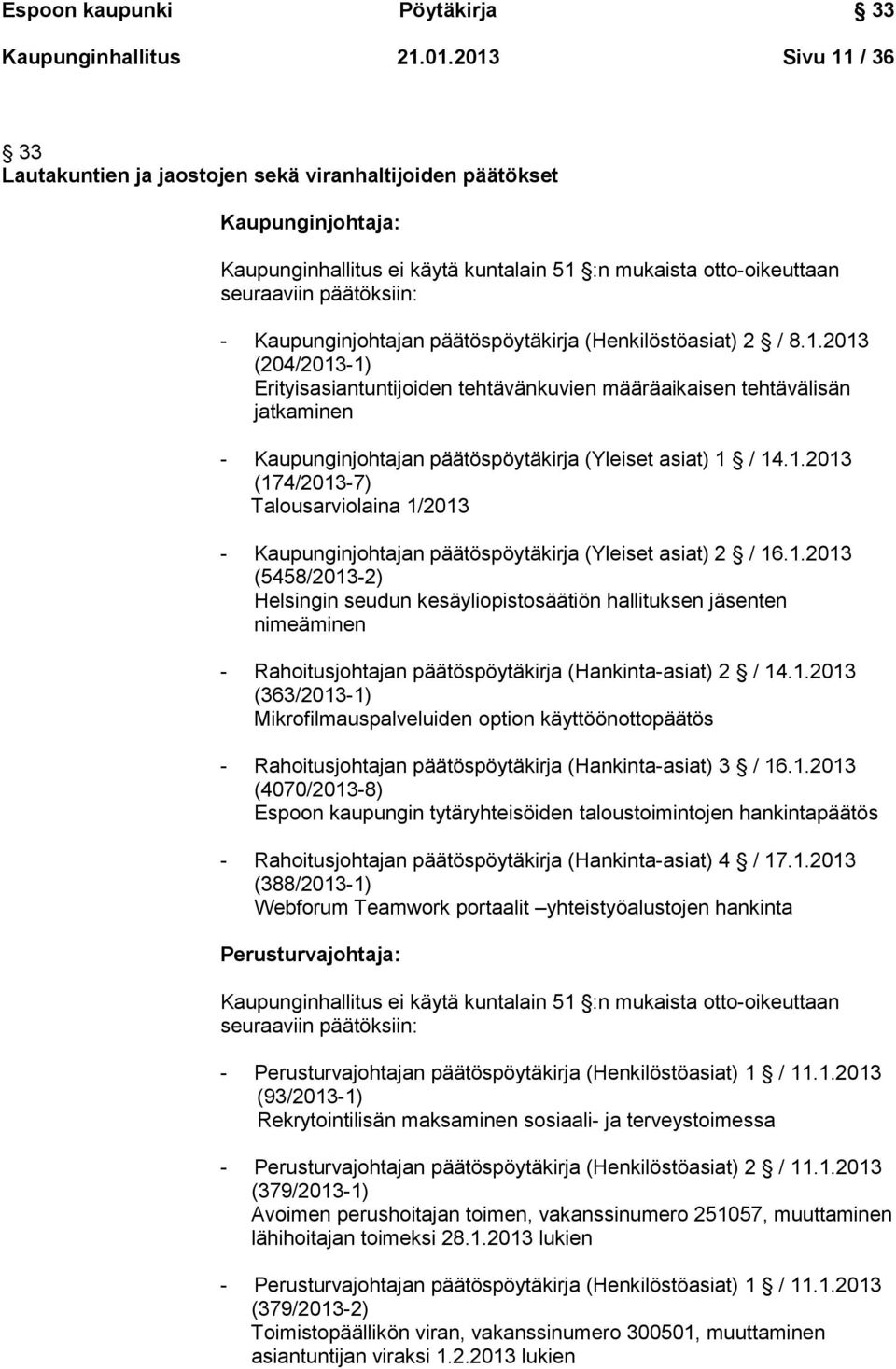 Kaupunginjohtajan päätöspöytäkirja (Henkilöstöasiat) 2 / 8.1.