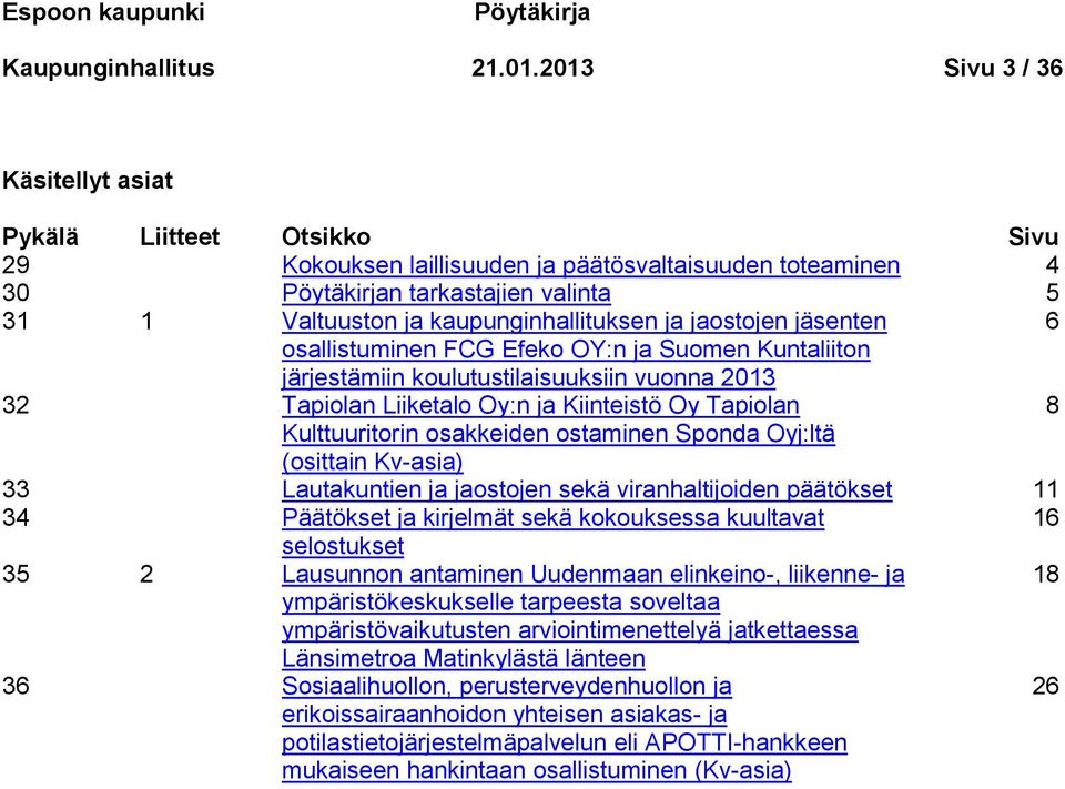 kaupunginhallituksen ja jaostojen jäsenten 6 osallistuminen FCG Efeko OY:n ja Suomen Kuntaliiton järjestämiin koulutustilaisuuksiin vuonna 2013 32 Tapiolan Liiketalo Oy:n ja Kiinteistö Oy Tapiolan 8