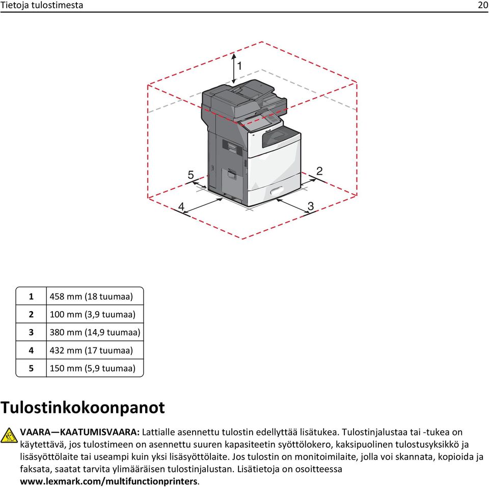 Tulostinjalustaa tai -tukea on käytettävä, jos tulostimeen on asennettu suuren kapasiteetin syöttölokero, kaksipuolinen tulostusyksikkö ja