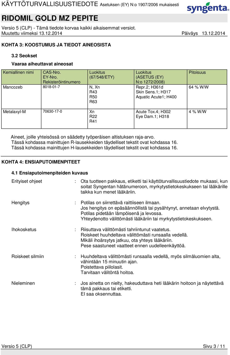 1; H317 Aquatic Acute1; H400 Acute Tox.4; H302 Eye Dam.1; H318 Pitoisuus 64 % W/W 4 % W/W Aineet, joille yhteisössä on säädetty työperäisen altistuksen raja-arvo.