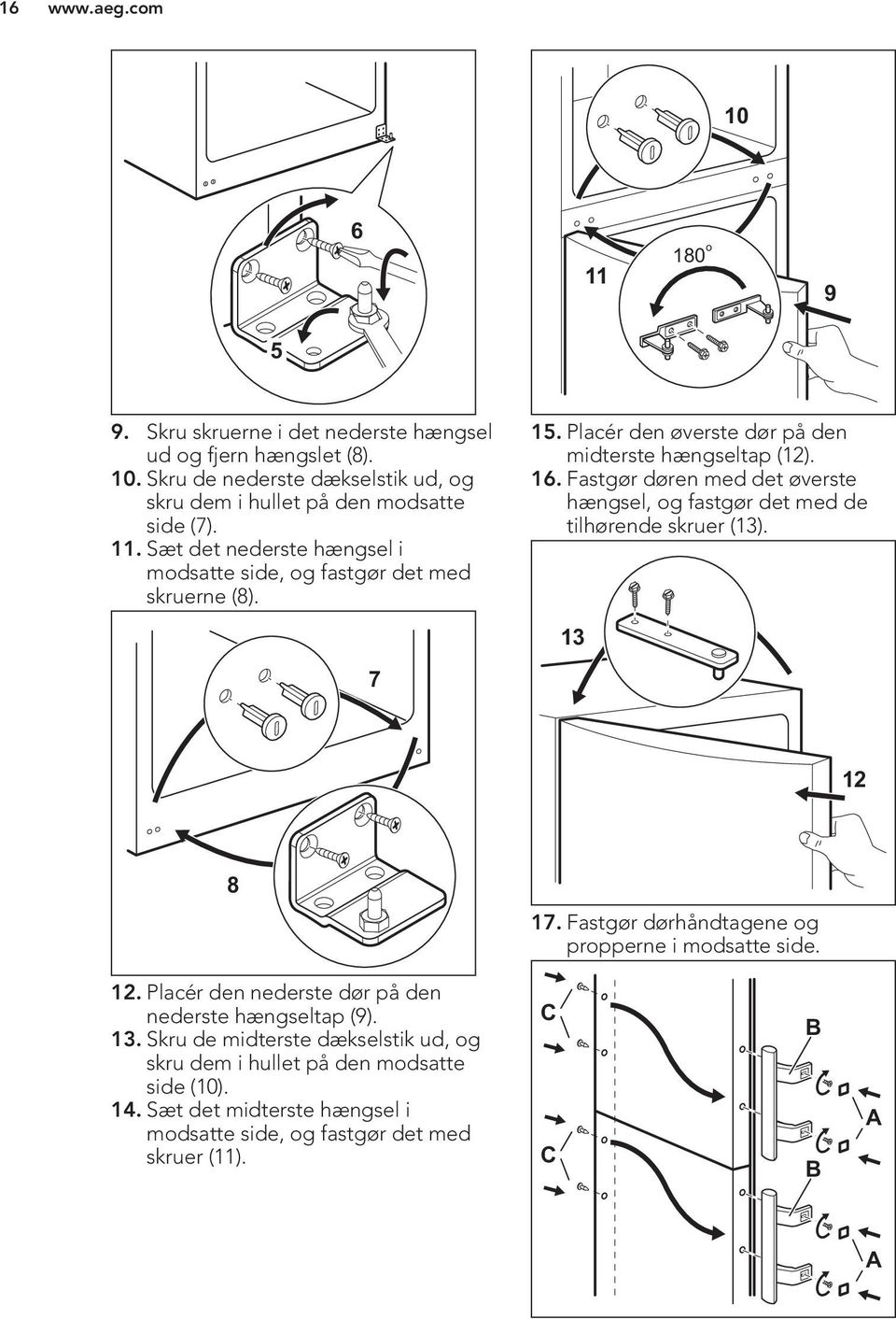 Fastgør dørhåndtagene og propperne i modsatte side. 12. Placér den nederste dør på den nederste hængseltap (9). 13.