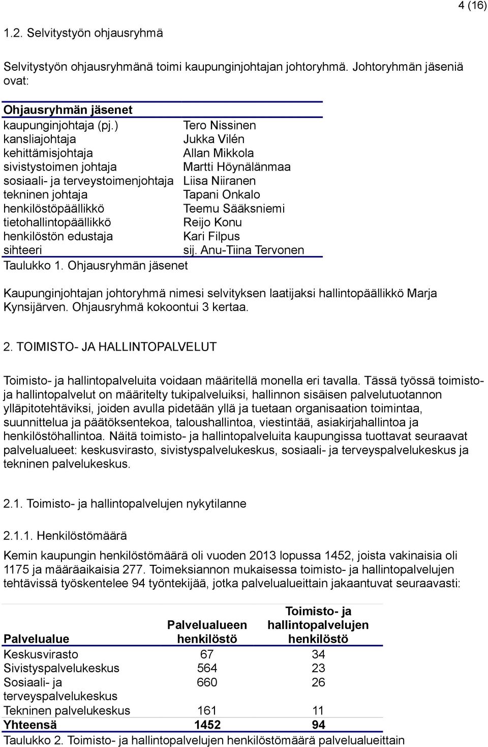 henkilöstöpäällikkö Teemu Sääksniemi tietohallintopäällikkö Reijo Konu henkilöstön edustaja Kari Filpus sihteeri sij. Anu-Tiina Tervonen Taulukko.