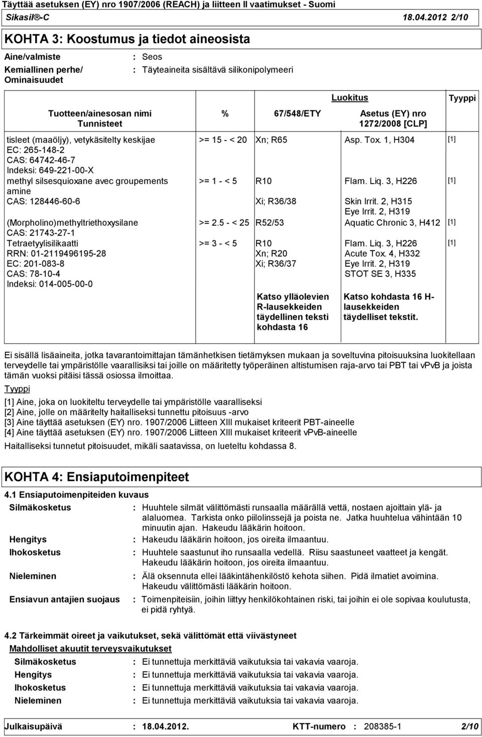 vetykäsitelty keskijae EC 2651482 CAS 64742467 Indeksi 64922100X methyl silsesquioxane avec groupements amine CAS 128446606 (Morpholino)methyltriethoxysilane CAS 21743271 Tetraetyylisilikaatti RRN