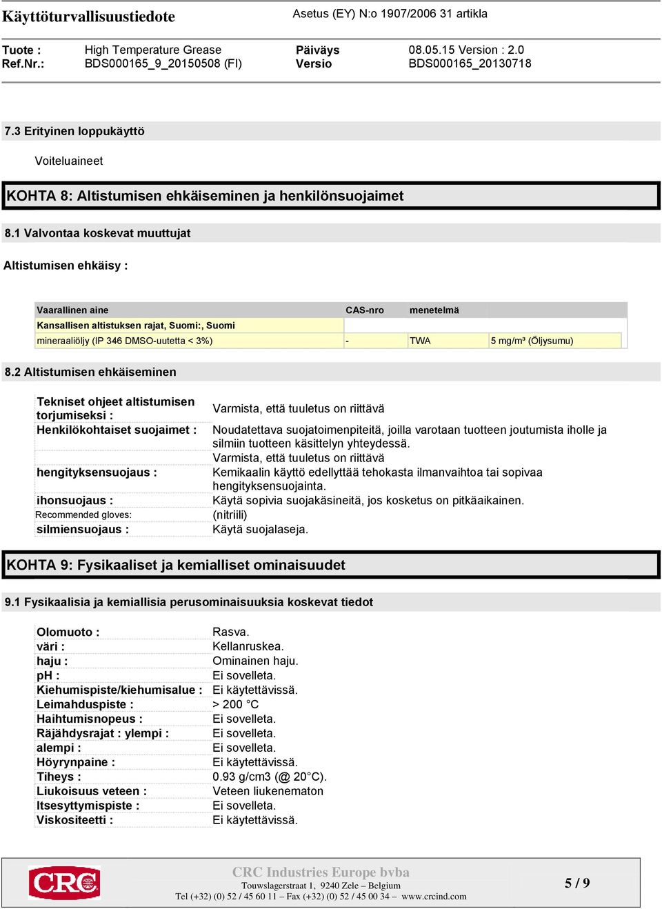 8.2 Altistumisen ehkäiseminen Tekniset ohjeet altistumisen torjumiseksi : Henkilökohtaiset suojaimet : hengityksensuojaus : ihonsuojaus : Recommended gloves: silmiensuojaus : Varmista, että tuuletus